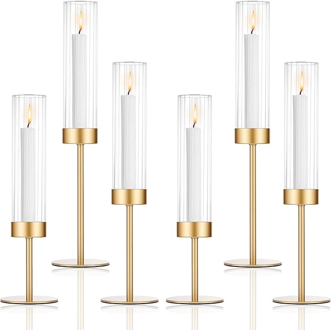 Tall Hurricane Candle Holders Set of 6, Gold Glass Taper Candlestick Holders for Wedding, Christm... | Amazon (US)