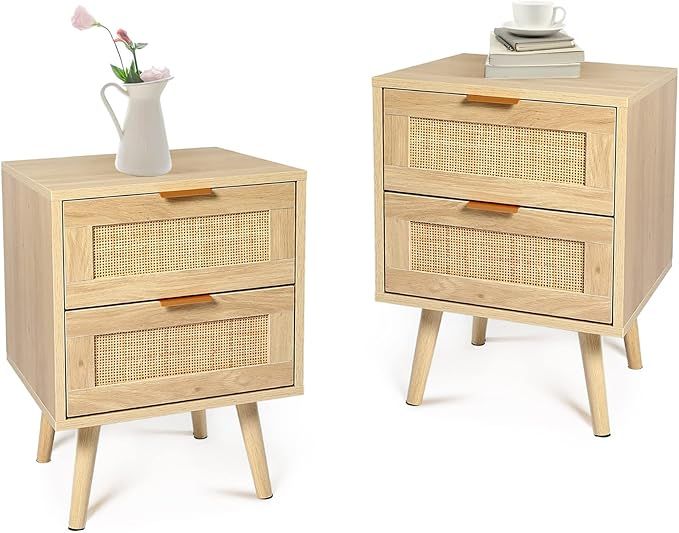 HOPUBUY Nightstands Set of 2 with Rattan Drawer, Modern Night Stand for Bedrooms, Wooden 2 Drawer... | Amazon (US)