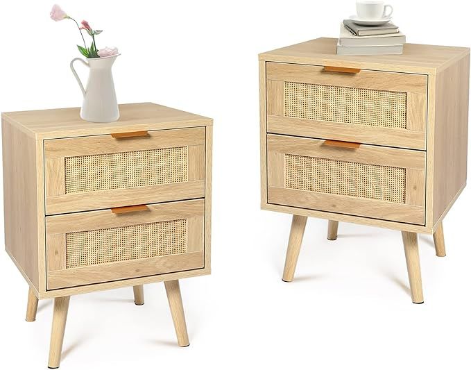 HOPUBUY Nightstands Set of 2 with Rattan Drawer, Modern Night Stand for Bedrooms, Wooden 2 Drawer... | Amazon (US)