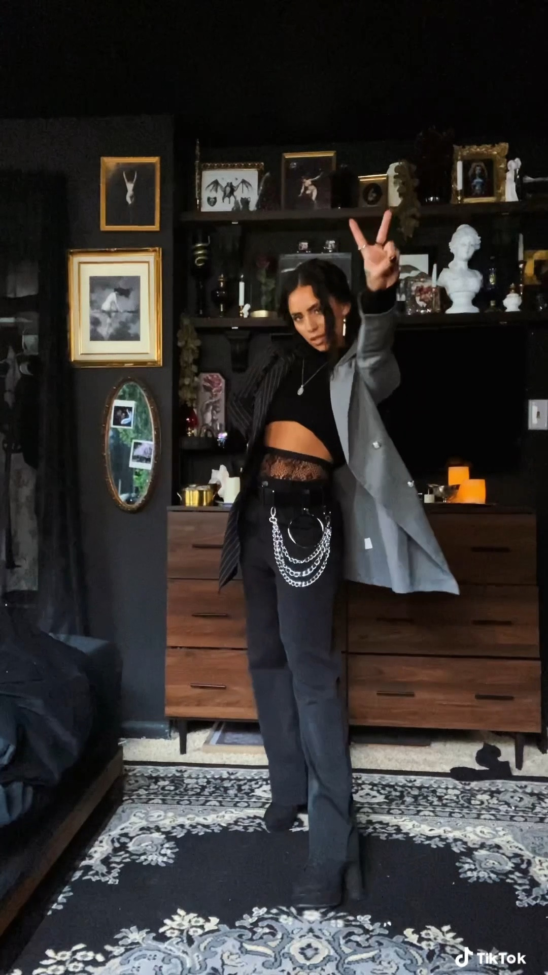 Blazer outfit with lace tights and chain belt

#LTKStyleTip #LTKVideo #LTKU