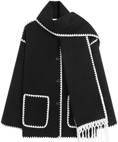 Women's tassel scarf wool coat two-piece set loose button open top wool coat jacket | Amazon (US)