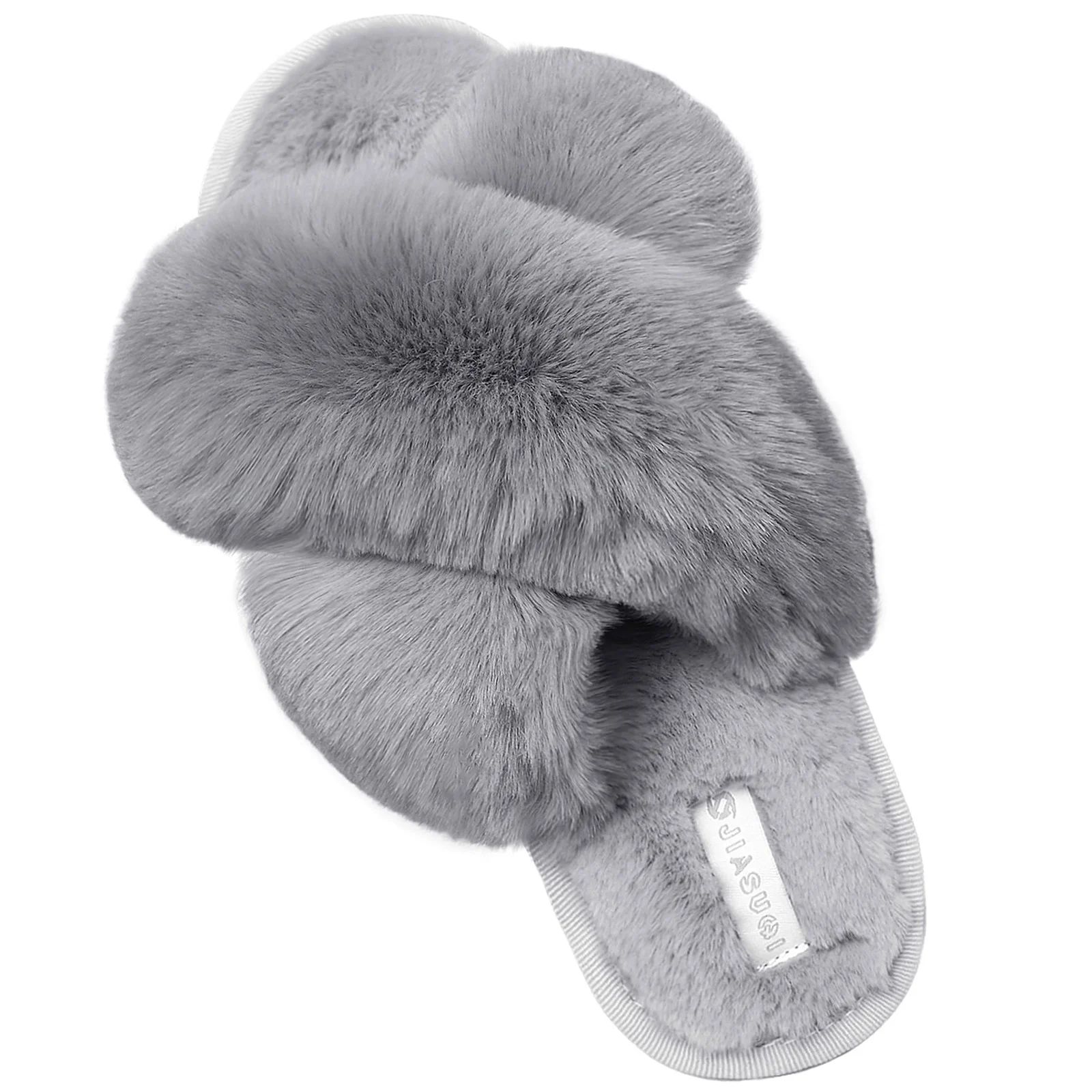 Barerun Cross Band Indoor House Slippers for Women Soft Plush Furry Cozy Fur House Shoes Outdoor ... | Walmart (US)