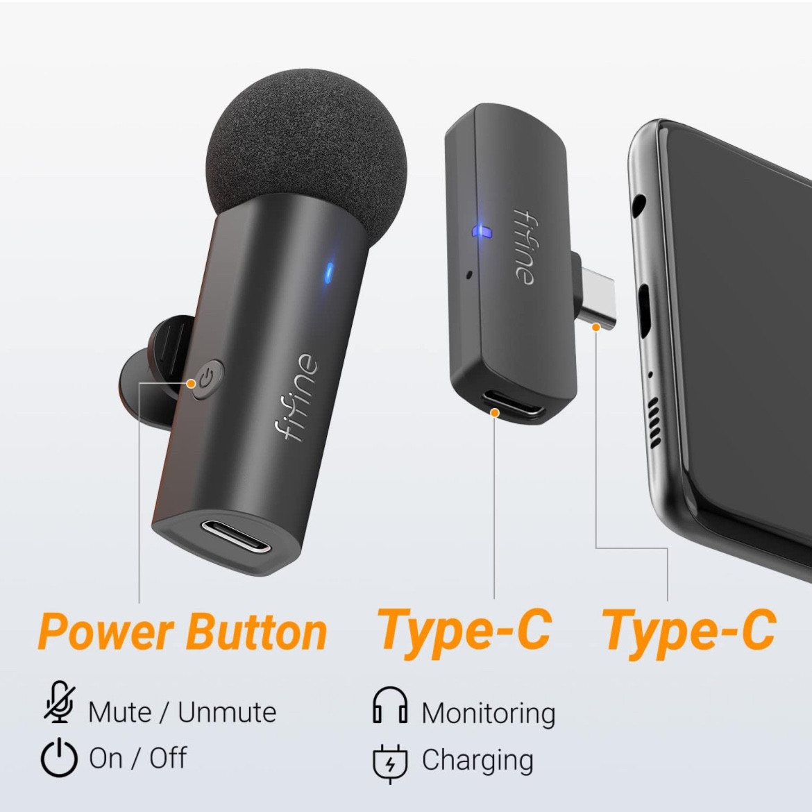 FIFINE Wireless Tie Lapel Microphone System for Phone/Tablet, 2.4GHz Cordless Condenser Clip-On Microphone, USB C Receiver for Video, Interview, Vlog, YouTube, Recording-M6