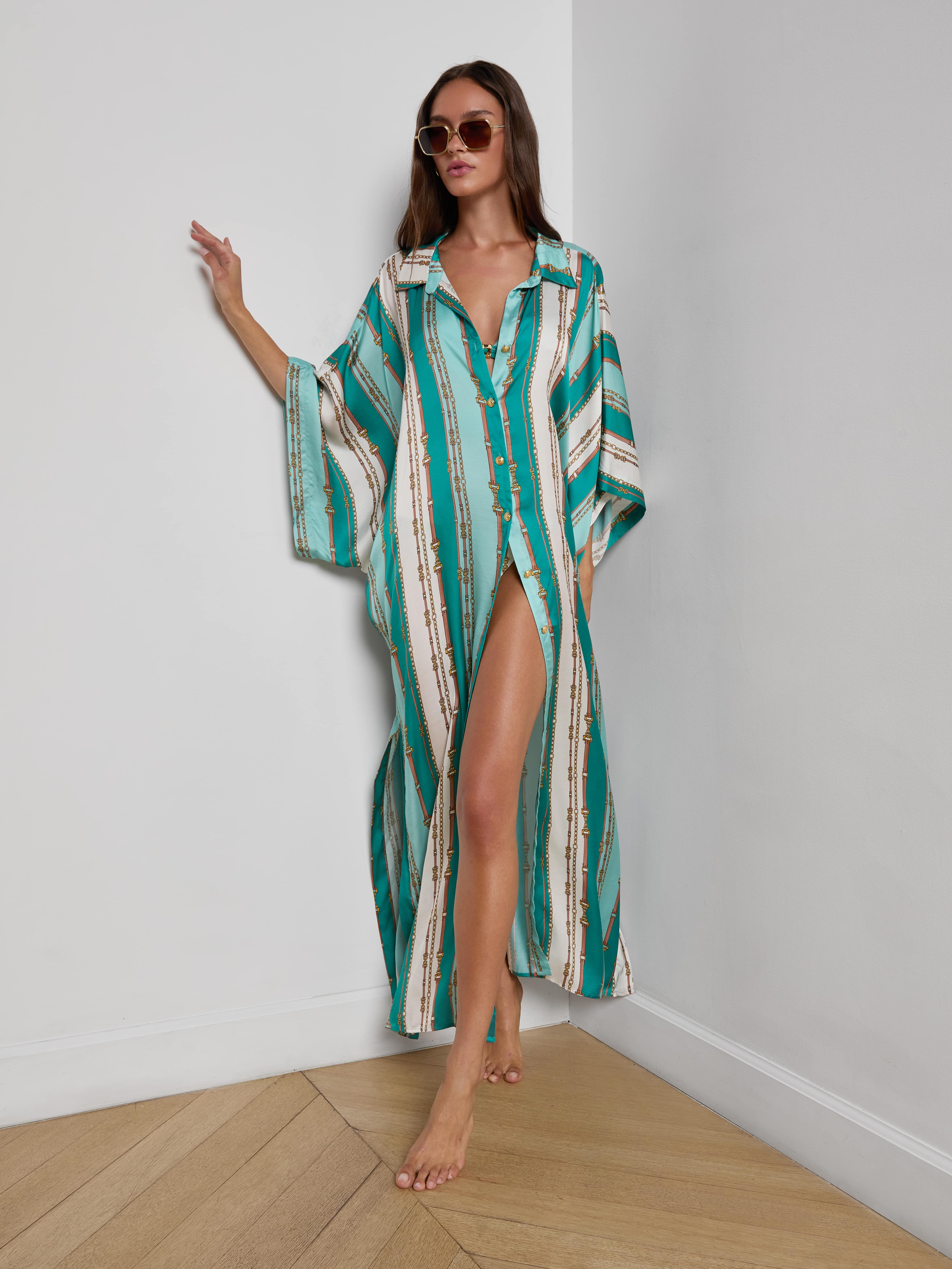 Wrena Cover-Up Dress in Light Sage Belt Stripe Print | L'AGENCE | L'Agence