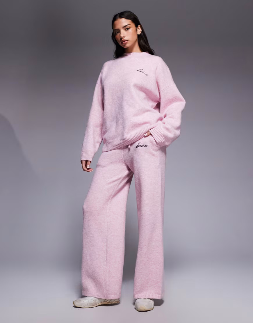 Kaiia knit embroidered logo wide leg pants in soft pink - part of a set | ASOS (Global)