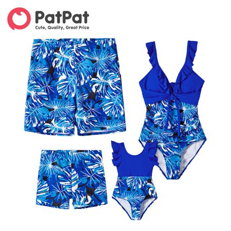PatPat Family Matching Swimwear Plant Print Swim Trunks and Blue Ruffle Trim Spliced One-piece Bikin | Walmart (US)
