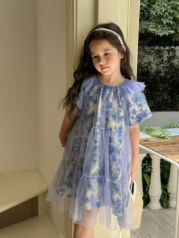 Girls' Blue Fake-Two Mesh Floral Dress, Dark Blue And Traditional Celadon Blue, Features An Elega... | SHEIN