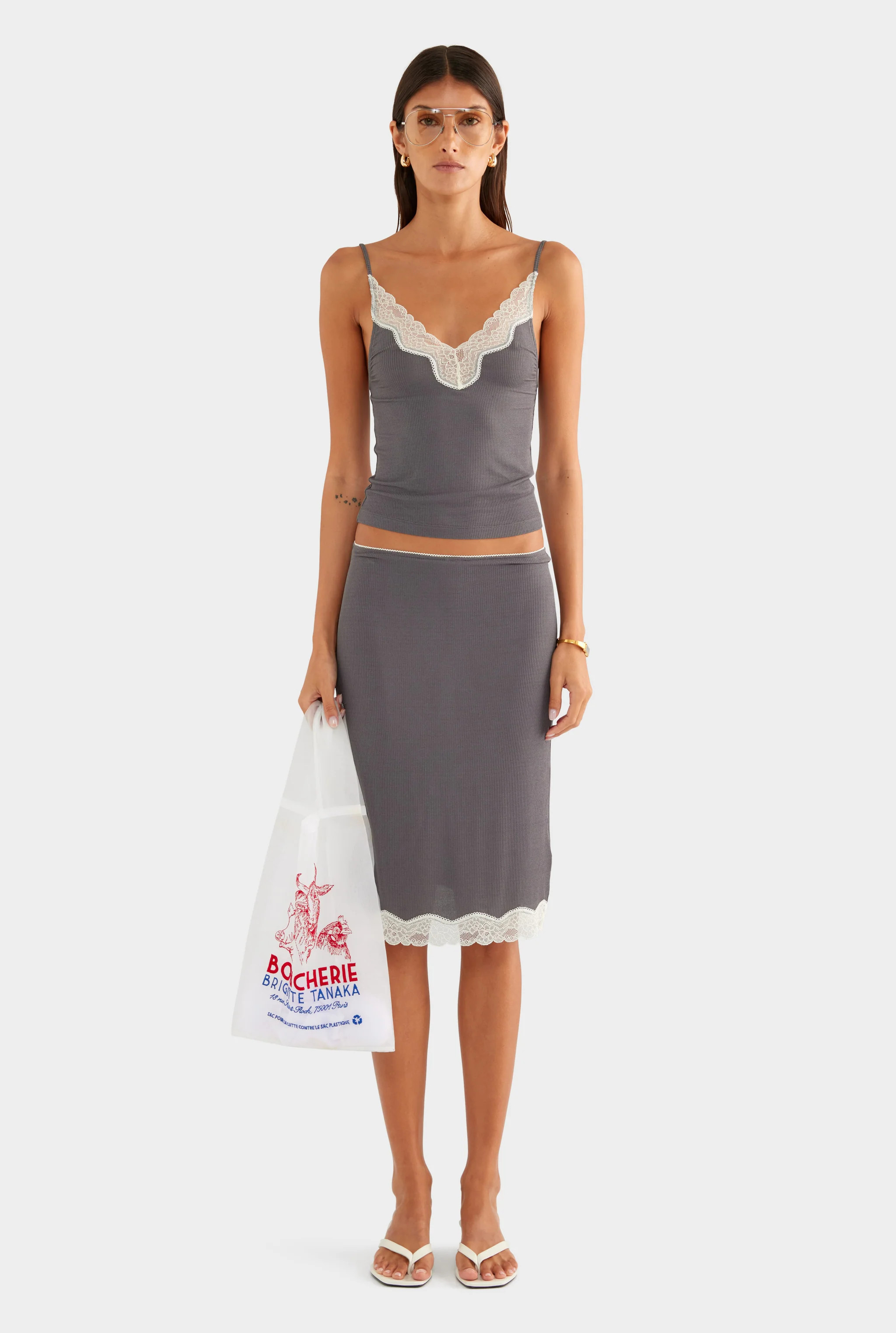Lace Rib Cami Dark Grey/Antique White | Venroy | Venroy AU