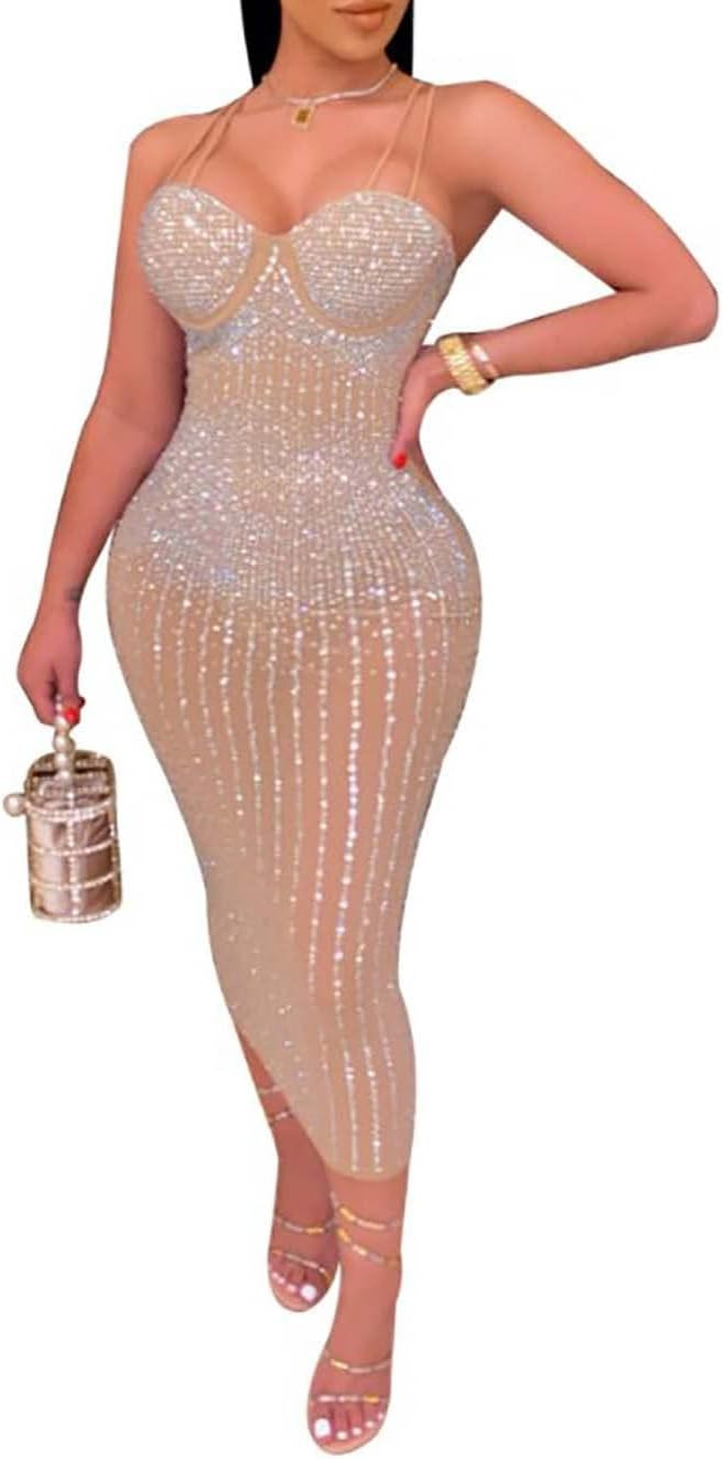 Womens Club Dresses Sexy See Through Rhinestones Dress for Party Club Night | Amazon (US)