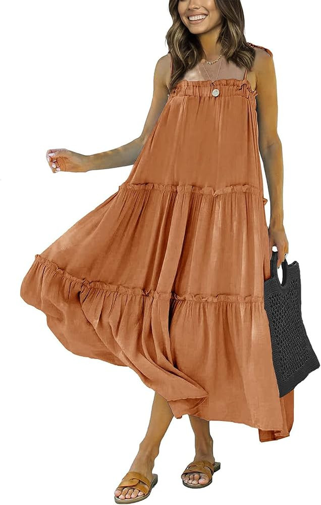 BTFBM Women 2023 Summer Maxi Dresses Sleeveless Spaghetti Strap Casual Sundress Tiered Ruffle Boh... | Amazon (US)