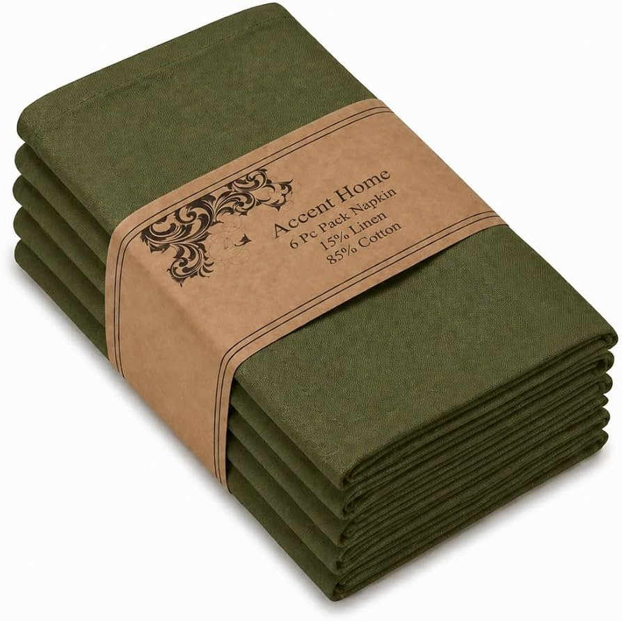 ACCENTHOME Olive Green Cotton Linen Napkin Set of 6 18x18 inch Dinner | Amazon (US)