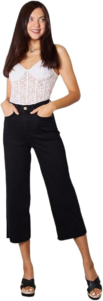 Judy Blue Woman's High Waist Wide Leg Black Stretchy Cropped Jeans | Amazon (US)