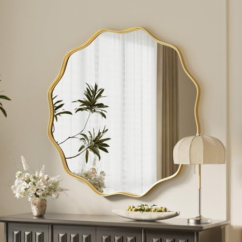 VooBang Gold Scalloped Circle Mirror, 24" Wavy Edge Round Wall Mirror with Tempered Glass Textured Circular Metal Deep Frame, Hanging Leaning for Bathroom, Hallway, Entryway, Livng Room | Amazon (US)