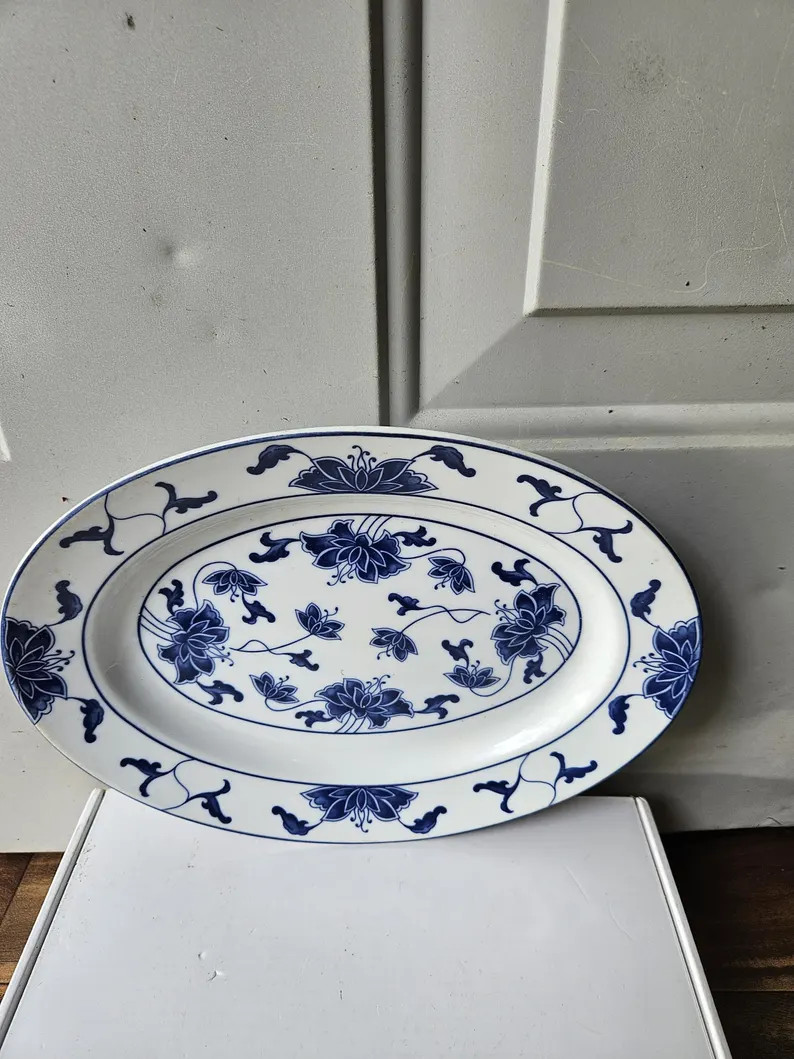Vintage, White and Asian Blue, Tatung Oval Serving Platter | Etsy (US)
