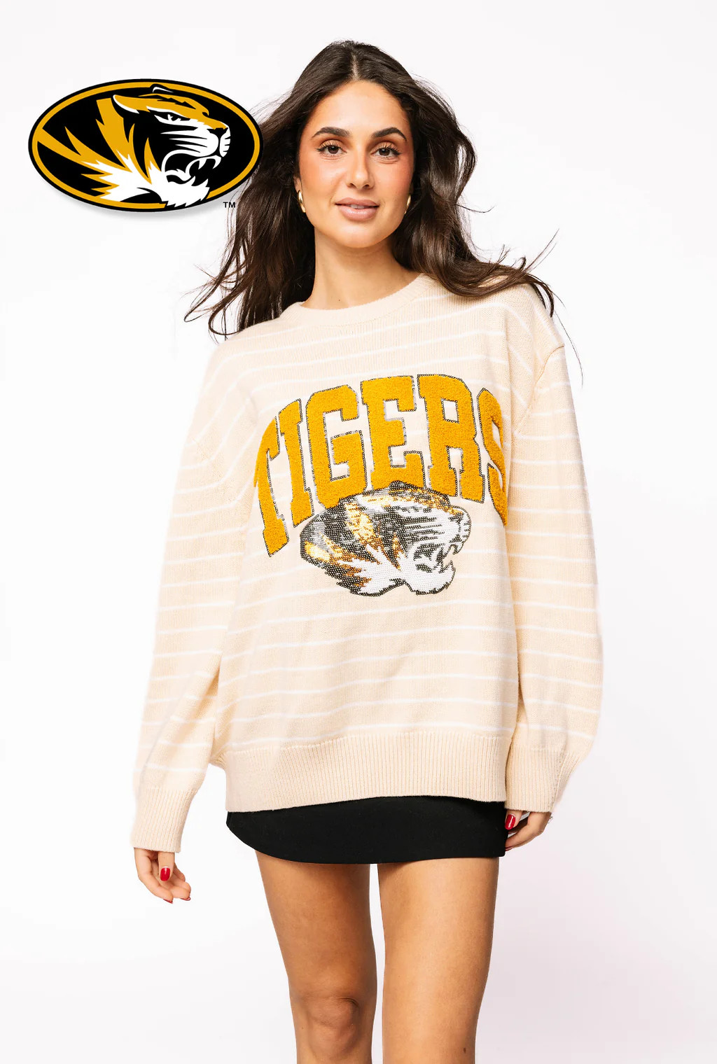 Licensed Sample - Mizzou Beige Stripe Vintage Team Sweater | Queen of Sparkles