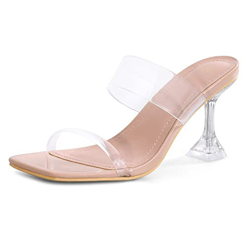 mysoft Women's Clear Heeled Sandals Square Toe Transparent Stiletto Mules Open Toe Slip on Dress Shoes | Amazon (US)