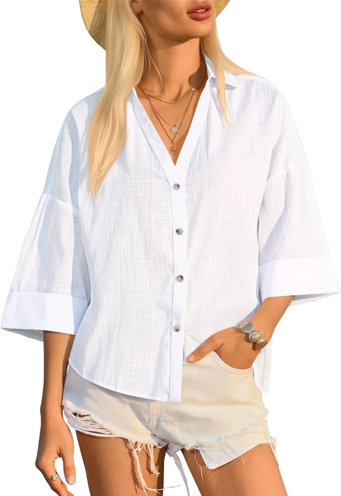 Cicy Bell Womens 3/4 Sleeve Striped Button Down Shirts Summer V Neck Tops Casual Loose Fit Work B... | Amazon (US)