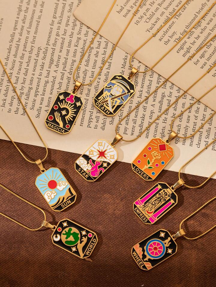 1pc 18K Gold Plated Titanium Steel Multicolor Oil Drop Tarot Sun Skull Pendant Necklace, Stainles... | SHEIN