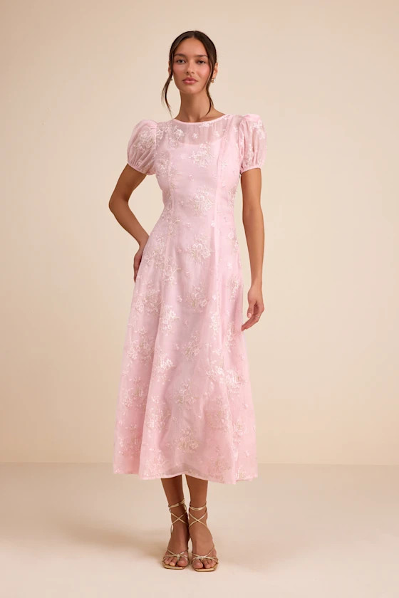 Elfrieda Blush Floral Embroidered Puff Sleeve Midi Dress | Easter dress women | Lulus