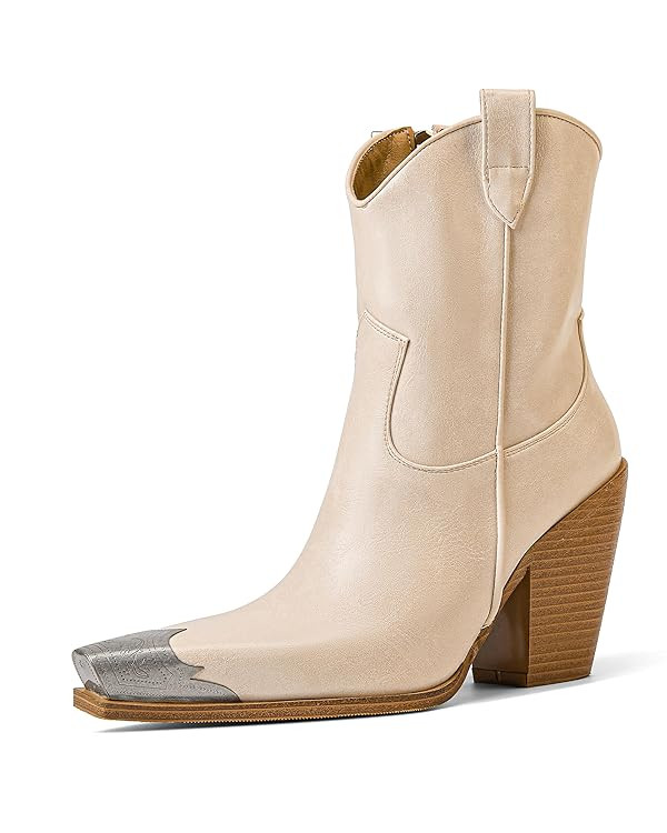 Womens Western Ankle Boots Engraved Metal Toe Cowgirl Booties Stacked Block Heeled Cowboy Boots F... | Amazon (US)