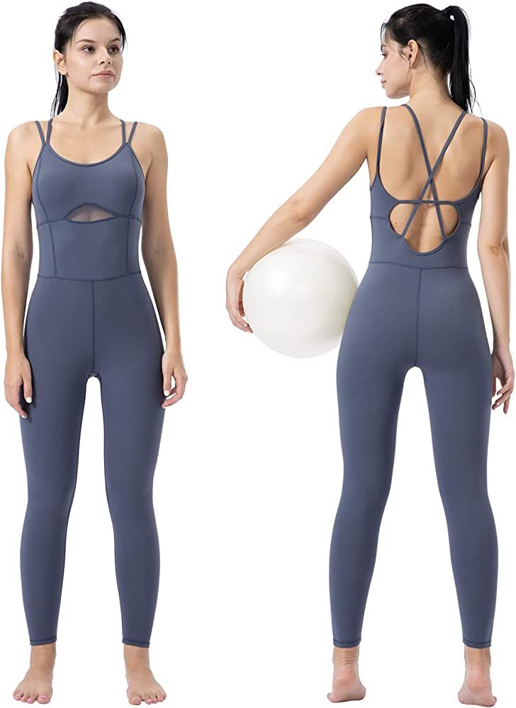 SUHK ASANA Women’s Bodysuit Sleeveless Bodycon Rompers Backless Cross Jumpsuit Sports Gym Worko... | Amazon (US)
