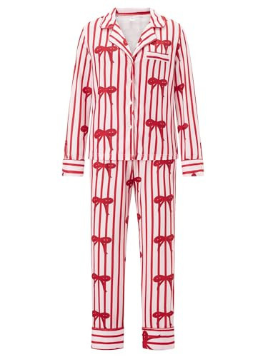 Lshyuehao Christmas Pajamas for Women Bow Tie Long Sleeve Shirt Pants Satin Silk Xmas Graphic 2 Piece Pjs Set Sleepwear (B-Bow Women, 3XL) | Amazon (US)