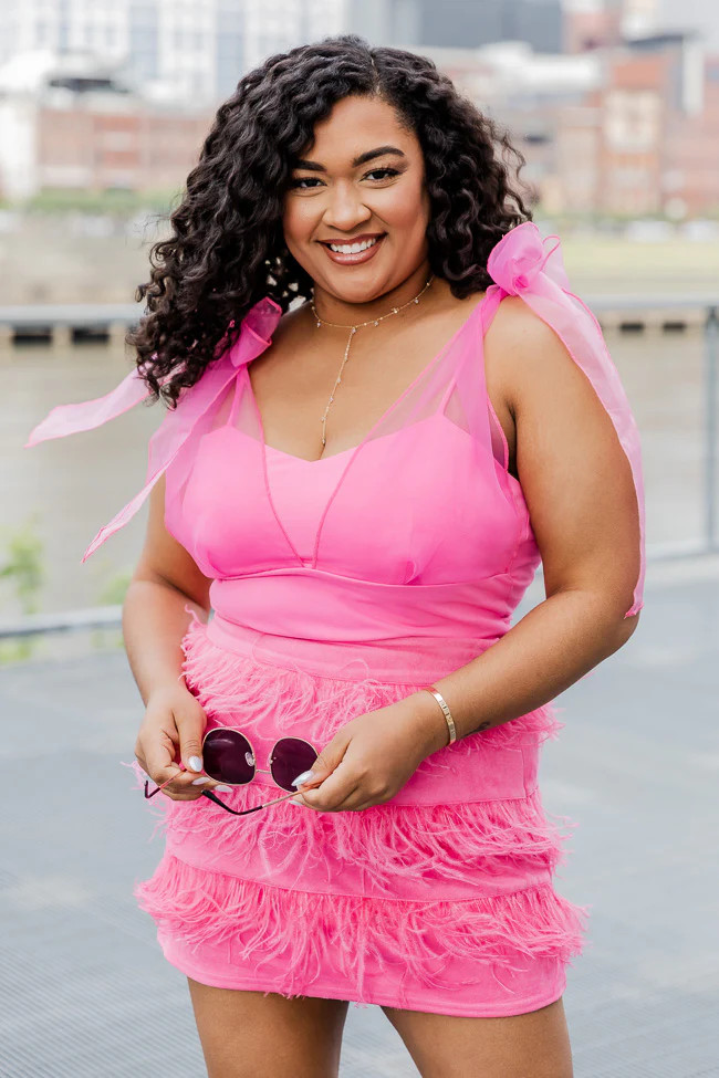 Let The Players Play Pink Tulle Tie Sleeve Tank Bodysuit | Pink Lily