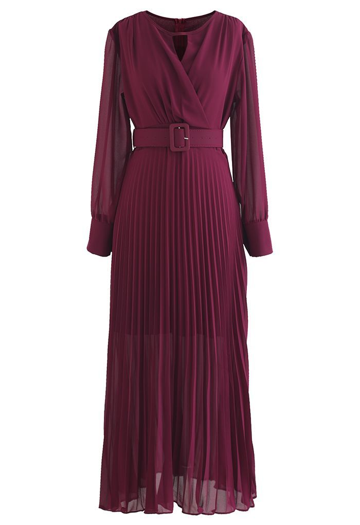 Flowy Chiffon Wrap Pleated Maxi Dress in Burgundy | Chicwish