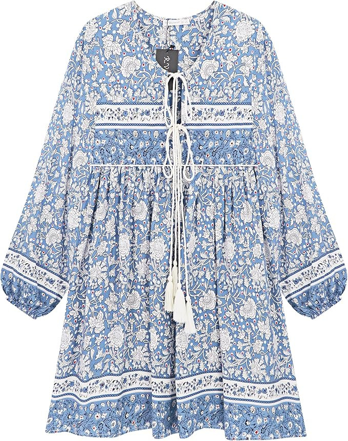 R.Vivimos Womens Long Sleeve Floral Casual Print Cotton Mini Tunic Dress | Amazon (US)