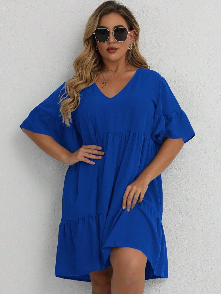 SHEIN LUNE Plus Solid Flounce Sleeve Ruffle Hem Smock Dress | SHEIN