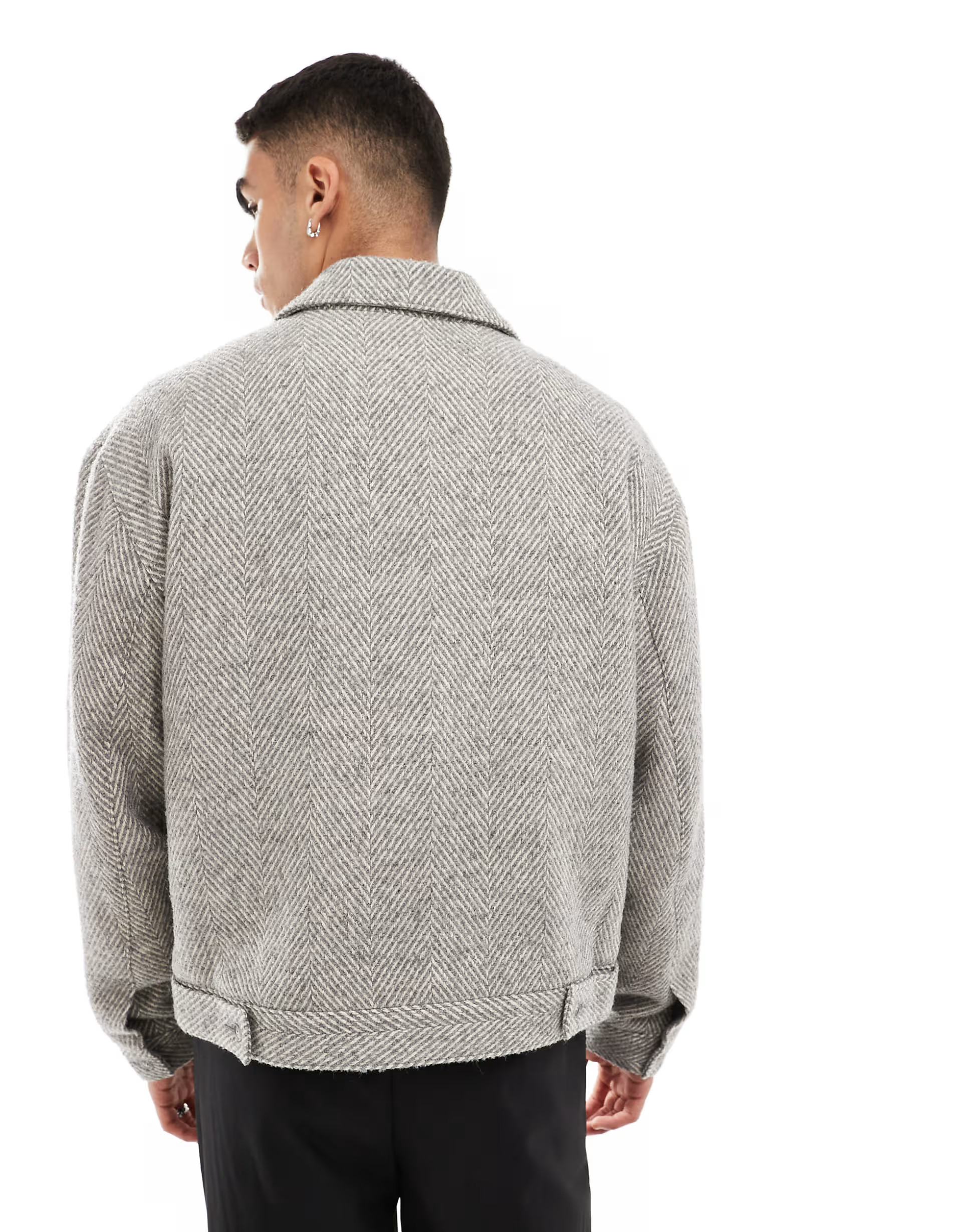 ASOS DESIGN oversized wool look harrington jacket with herringbone in grey | ASOS (Global)