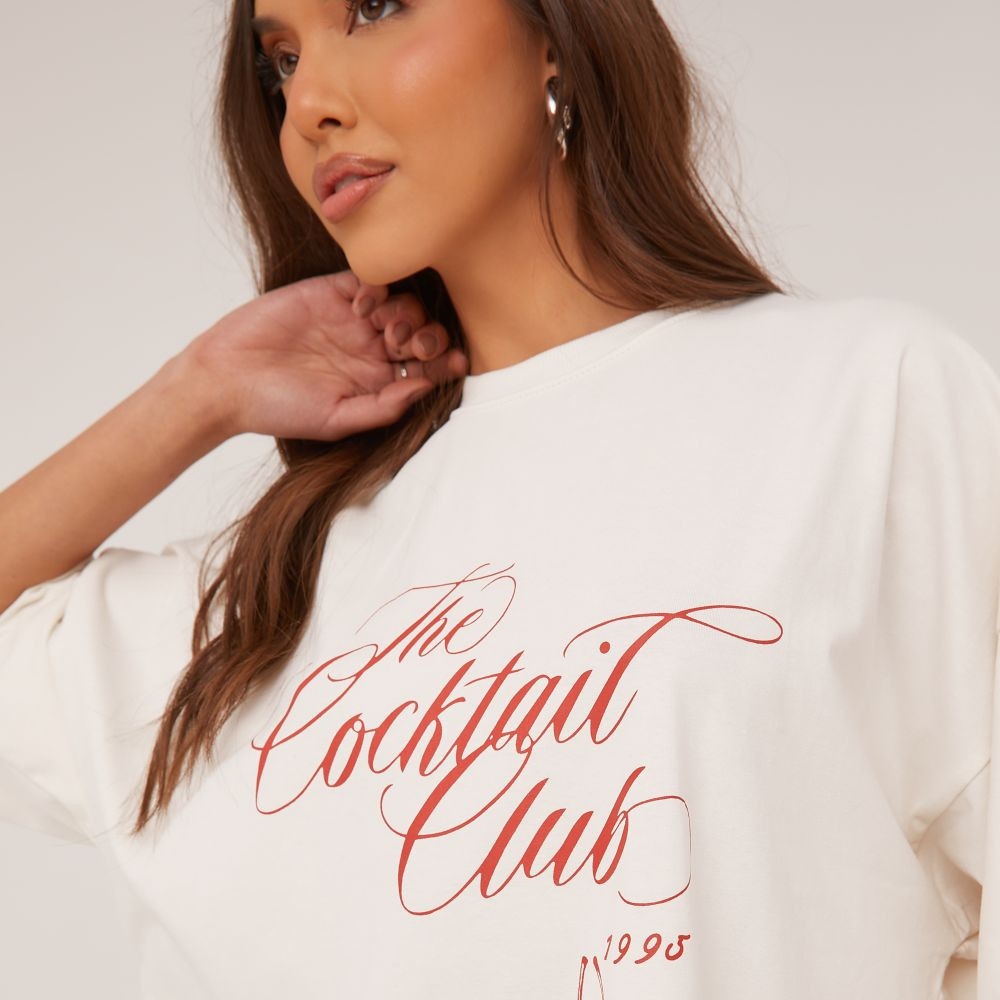 Oversized Cocktail Club Graphic Slogan Print T-Shirt Dress In Stone | EGO (UK)