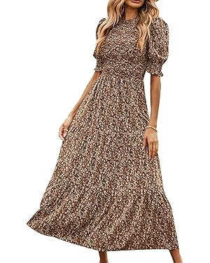 BTFBM Women Casual Summer Dresses 2024 Spring Crew Neck Ruffle Short Sleeve Floral Print Smocked ... | Amazon (US)