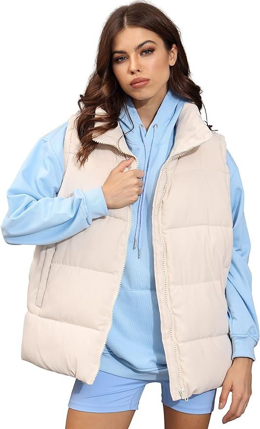 Xiaoxuemeng Womens Puffer Vest Collared Sleeveless Zip Up Padded Gilet Jacket Outwear (Apricot-S)... | Amazon (US)
