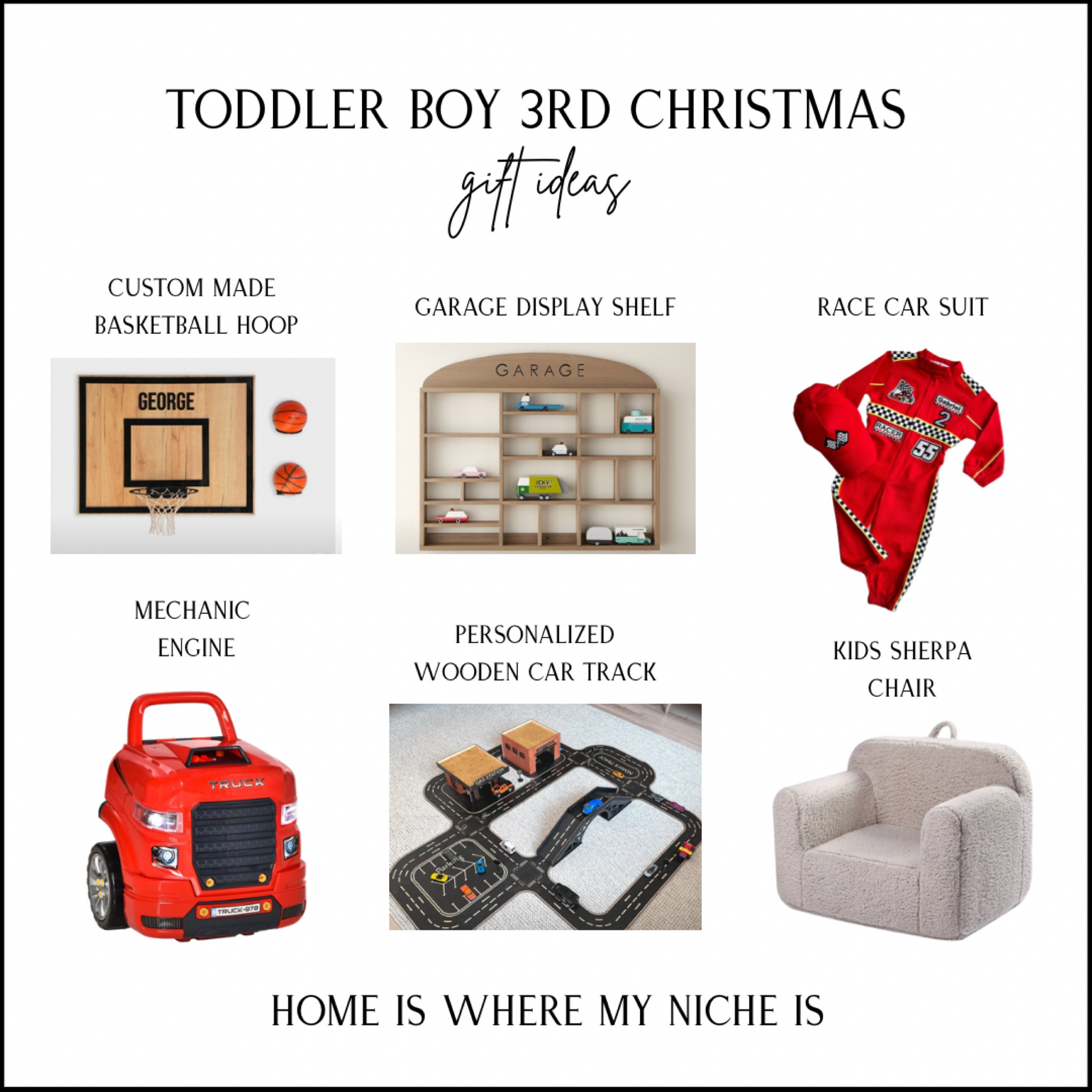 G I F T S / toddler boy 3rd Christmas gift ideas

+ custom made mall mount basketball hoop
+ garage car shelf display 
+ race car suit
+ kids sherpa chair
+ personalized wooden car track
+ mechanic engine

#LTKcanada #LTKkids #LTKgiftguide