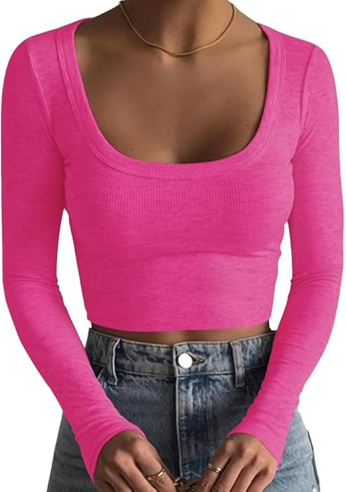 Zeagoo Women's Long Sleeve Ribbed Slim Fitted Shirts Square Neck Casual Basic Y2K Crop Tops | Amazon (US)