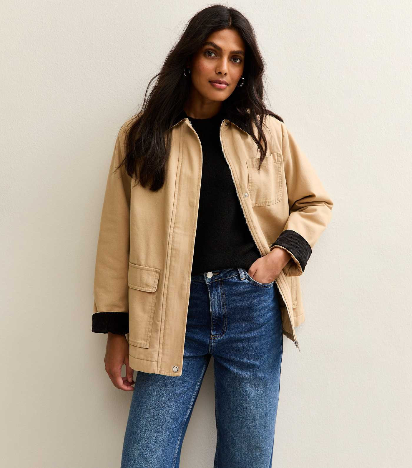 Stone Contrast Collar Midi Barn Jacket | New Look | New Look (UK)