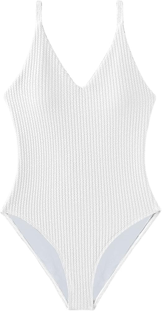 SweatyRocks Women's V Neck One Piece Bathing Suit Strappy Ribbed Monokini Swimsuit | Amazon (US)