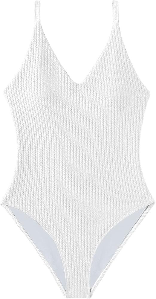 SweatyRocks Women's V Neck One Piece Bathing Suit Strappy Ribbed Monokini Swimsuit | Amazon (US)