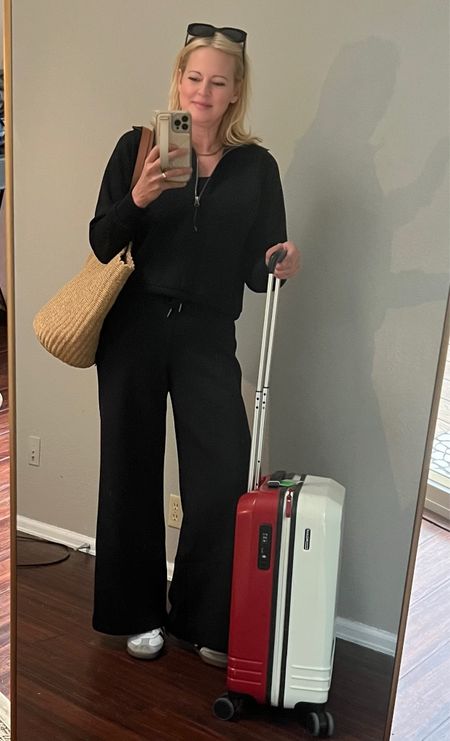 Airport outfit. Elevated travel outfit. Buttery soft, light weight and cozy, looks great w/ sneakers for the airport. Runs large- wearing a small in top and bottom. Let me know if you have questions! 👇🏼 #airportoutfit #traveloutfit #spanx #airessentials #chictraveloutfit 

#LTKover40 #LTKstyletip #LTKtravel
