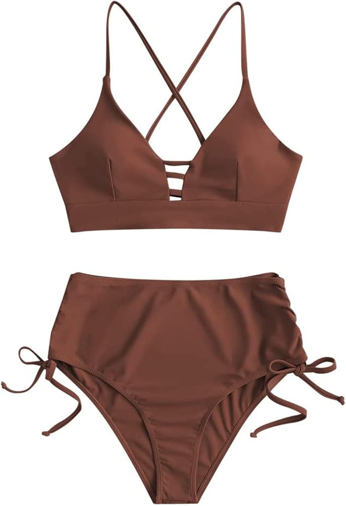 ZAFUL Women's Criss Cross High Waist Bikini Cinched Tie Two Piece Tankini Solid Padded Swimsuit | Amazon (US)