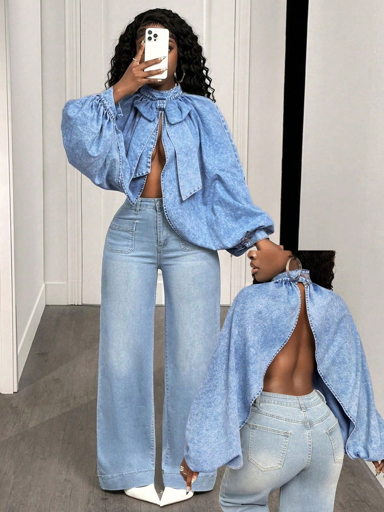 Denim but make it fashion. This statement backless denim blouse is the moment. The oversized sleeves and bow detail give drama from the front while the open back steals the show. Paired it with high waist wide leg jeans for a chic denim on denim look that is giving effortless style.

#LTKStyle
#LTKFinds
#LTKUnder50
#DenimOnDenim
#SheinFinds
#BacklessTop
#WideLegJeans
#StatementStyle
#FashionFinds
#ContentCreatorStyle
#OOTDInspo
#AffordableFashion

#LTKSaleAlert #LTKgrwm