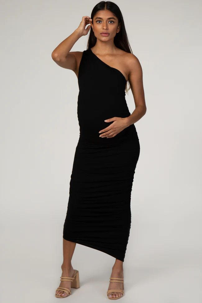 PinkBlush Black Ruched One Shoulder Maternity Dress | PinkBlush Maternity