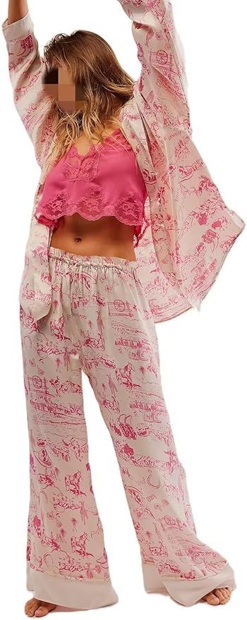 Womens Y2k Silk Pajama Sets Floral Print Long Sleeve Button Down Shirts Wide Leg Pants 2 Piece Lo... | Amazon (US)