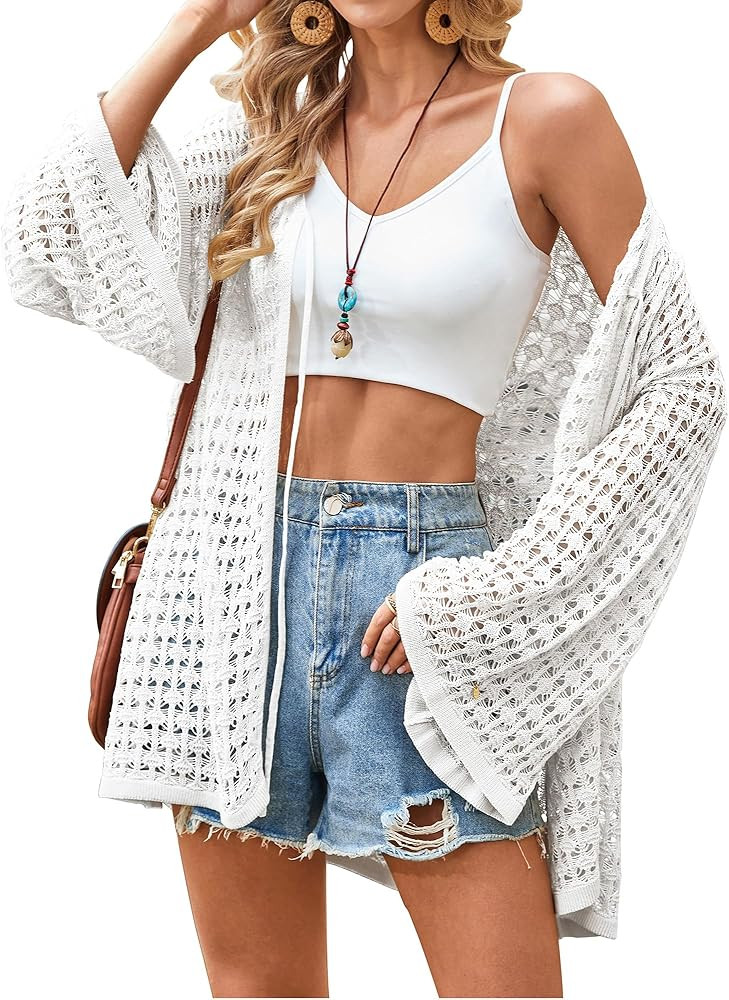 Angashion Women's Crochet Cardigan Sweaters Lightweight Knitted Long Batwing Sleeve Hollow Out Ti... | Amazon (US)