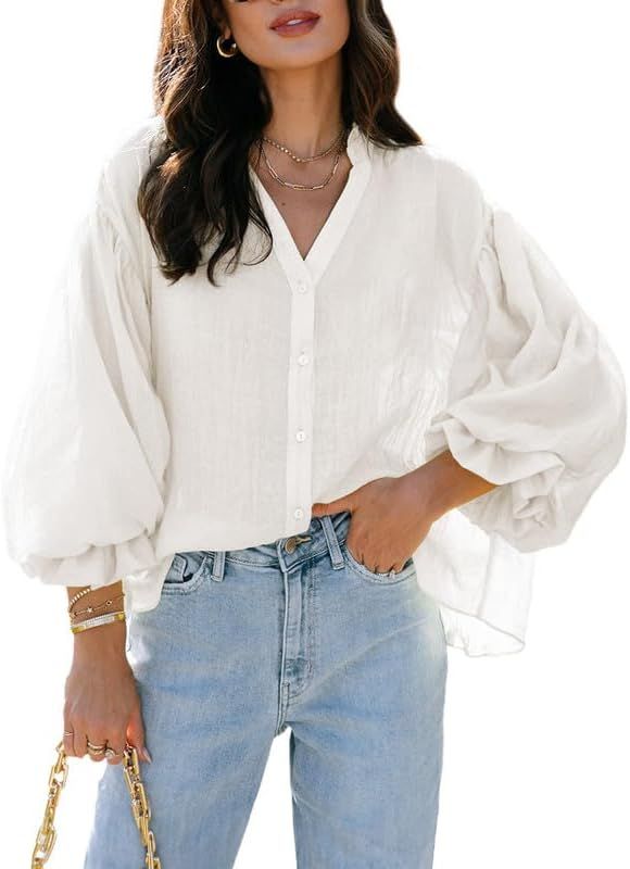 SHEWIN Women's Casual V Neck Button Down Shirts Loose Long Sleeve Blouses Tops | Amazon (US)