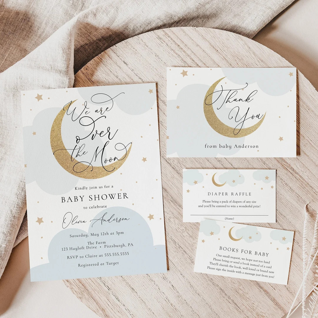 Over the Moon Baby Shower Invitation Set, Baby Boy Printable Invite Set With Diaper and Books Ins... | Etsy (US)
