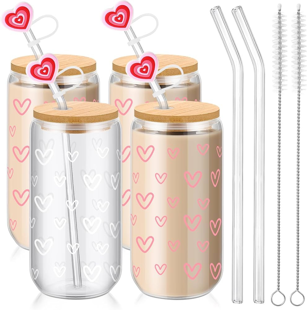 Skylety 4 Pcs Valentine's Day Glass Cups 16 oz Color Changing Cups with Lids and Straws Valentine... | Amazon (US)