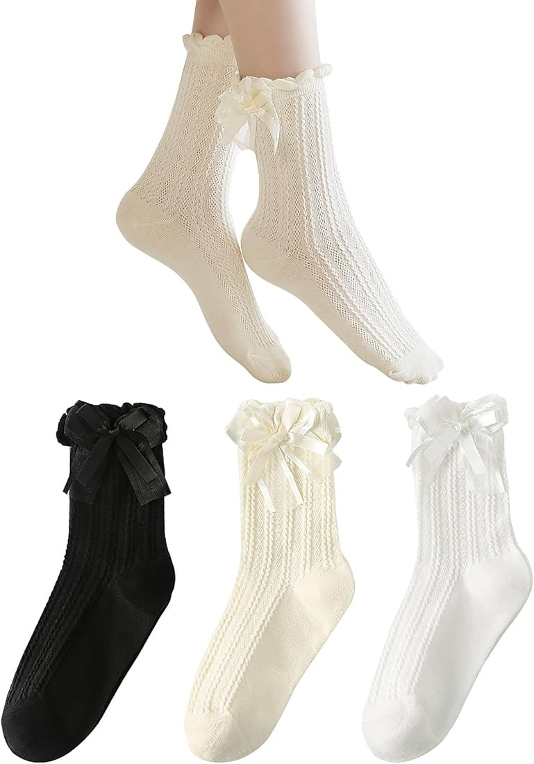 Yawlsow 3 Pairs Women Ruffle Frilly Socks, Cute Lettuce Edge Ankle Socks with Lace Bow,Cotton Bre... | Amazon (US)