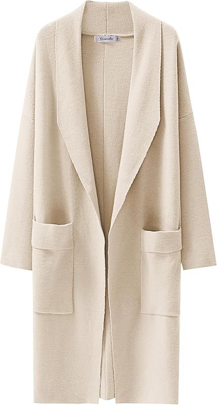 Caracilia Women's Open Front Knit Cardigan Long Sleeve Lapel Casual Solid Classy Sweater Jacket with | Amazon (US)